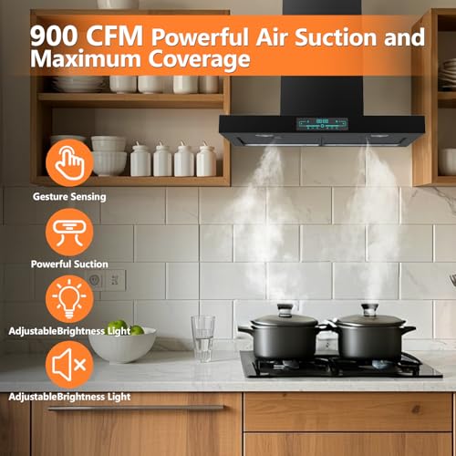 Image of Range Hood 30 inch, Heavy Duty 900 CFM, Wall Mount Range Hood with Ducted Convertible Ducted, Stainless Steel range hood With 4 Speed Gesture Sensing & 2 Pcs Adjustable Lights