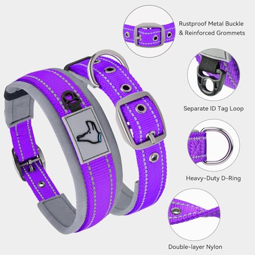 Image of Joytale Dog Collar for Medium Dogs, Neoprene Padded and Adjustable, Reflective Wide Heavy Duty Pet Collars with Durable Metal Belt Buckle for Walking, Purple, M