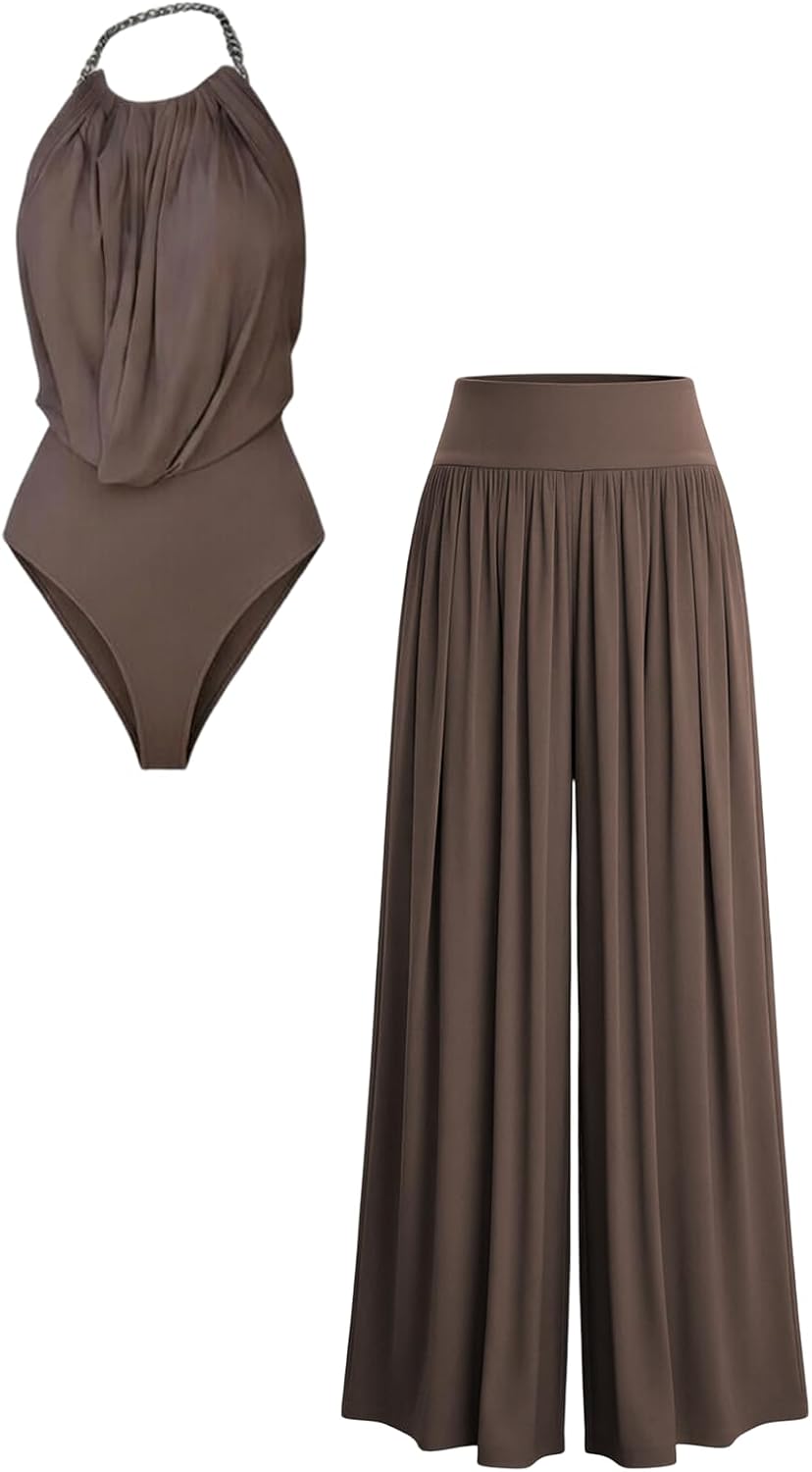 Womens Summer 2 Piece Pants Set Halter Backless Top and Wide Leg Pants Vacation Matching Outfit