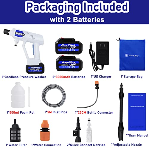 Cordless Pressure Washer, 21V Electric Portable Power Cleaner with 2x3.0AH Batteries and Accessories, 3 Speed Adjustable Battery Powered Pressure Washer Gun for Car Washing, Window and Floor Cleaning