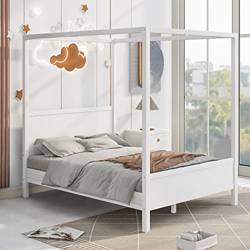 Queen Canopy Bed Frame, With Headboard And Footboard, Wooden Slat Support Leg, For Kids, Teens, Adults, No Box Spring Needed, White #TOP22