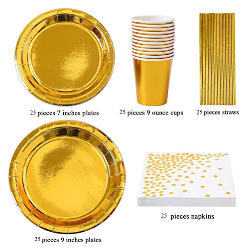 Yoacbbo Gold Party Supplies Black Paper Plate Napkins Cup Gold Plastic Fork Knives Spoons Disposable Dinnerware Set For Birthday Retirement Graduation Anniversary Party #TOP2
