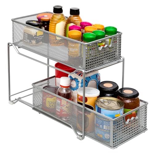 Amtido 2-Tier Sliding Basket Cupboard Organiser – Metal Kitchen Storage & Organisation Pull Out Cabinet Organiser for Bathroom, Office, Bedroom and Pantry - Under Sink Storage in Silver Finish