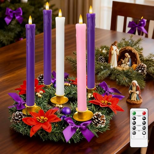 Image of Lezonic Flameless Advent Candles Battery Operated with Remote, Set of 5 Wax Christmas Taper Nativity Candles, LED Advent Wreath Candles for Church Home Christian Decor, 3 Purple & 1 Pink & 1 White