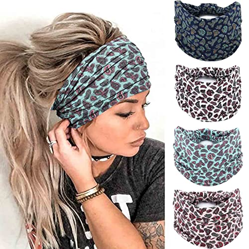 Acenail Wide Boho Headbands Knotted Turban Headband Elastic Non Slip Hairbands Floral Workout Head Wraps Head Bands Yoga Hair Scarfs Bohemian Hair Accessories for Women 4Pcs(Chic)
