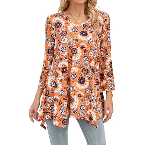 ENMAIN Tunic Tops for Women Loose Fit Dressy Plus Size Tops to Wear with Leggings Casual Long 3/4 Length Sleeve Flowy T Shirts Ladies Swing Tops and Blouses Cover