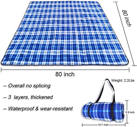 HEHUI Picnic Blanket Waterproof &Extra Large, Foldable 80"x80" 3-Layer Picnic Blanket, Soft Cozy, Durable No Fading & Easy Cleaning (Sky Blue-White, 80"x80")