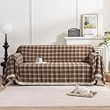 Erbnaryx Plaid Couch Cover with Tassels, Washable 3-Seater Sectional Sofa Cover for Living Room (Brown, 69'x134')