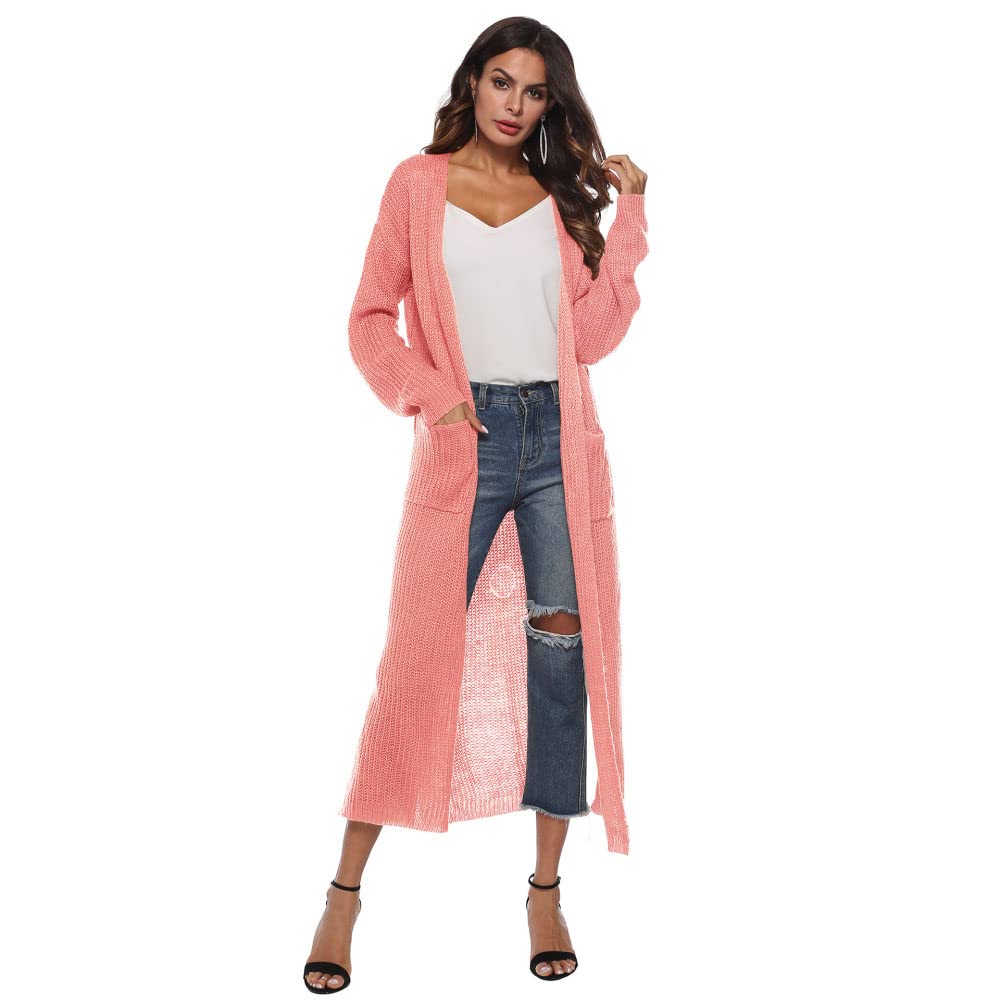 Cárdigan para Mujer Cárdigan de Punto para Mujer Abrigo Rosa Liso Suéteres Largos Cárdigan de Manga Larga con Frente Abierto Cárdigan de Punto Suave para Primavera Chaqueta para Uso Diario