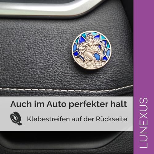 Lunexus Christophorus Auto Plakette Blau Türkis – gesegnet mit Zertifikat – inkl. Samtsäckchen – Magnet und Klebestreifen – Glücksbringer Autofahrer – Christophorus Talisman – Schutzpatron Reisende