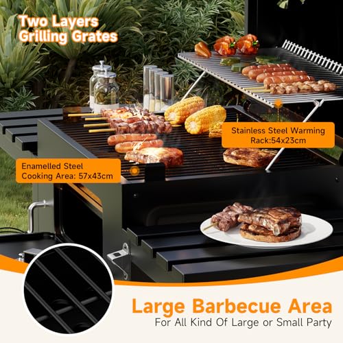 DKIEI BBQ Grill, Outdoor XXL Portable Charcoal Barbecue Grill, Wheels & 2 Folding Table, Thermometer & Adjustable Charcoal Pan, Large Coal Barbeque Grill Smoker for Parties, Patio, Garden Home Cooking 3 DKIEI BBQ Grill, Outdoor XXL Portable Charcoal Barbecue Grill, Wheels & 2 Folding Table, Thermometer & Adjustable Charcoal Pan, Large Coal Barbeque Grill Smoker for Parties, Patio, Garden Home Cooking - Image 3