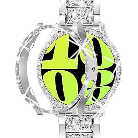 BESIOFO Compatible for Galaxy Watch 6 Band+ Case 40mm/44mm,Women Replacement Strap& Screen Protector PC Cover for Samsung Galaxy Watch 6 (40MM, Silver) Cover