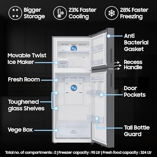 Image of Samsung 419 L, 2 Star, Convertible 5-in-1, Digital Inverter, Frost Free Double Door, Bespoke AI WiFi Refrigerator (RT45HG6A22S8HL, Silver, Elegant Inox, 2026 Model)