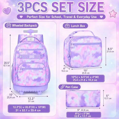 Image of 3Pcs Rolling Backpack for Girls Women, Travel Roller Backpacks with Wheels for Adults, Teens College Tie-Dye Wheeled Bookbag with Lunch Box(Purple)
