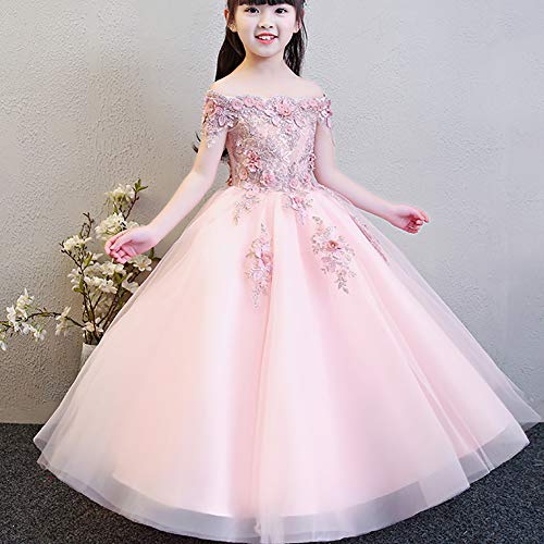 Little Girls Off Shoulder Lace Beaded Formal Wedding Party Princess Gown Pageant Communion Flower Girls Dress Pink 5-6 Years #TOP2