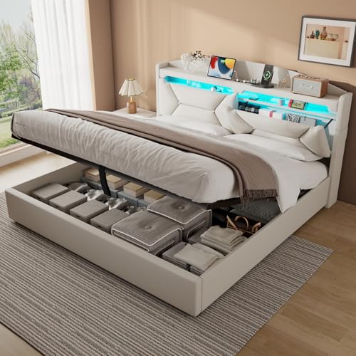 ZUUYEE Polsterbett Doppelbett 180x200 cm mit LED, USB C, Hydraulische Bett mit Stauraum und Kopfteil, Stauraumbett Bettgestell mit Metallrahmen Bettkasten und Lattenrost, Leinen, Beige, Ohne Matratze