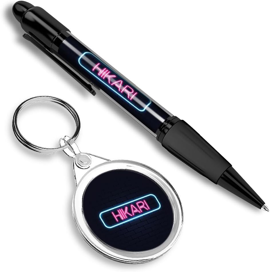 1 x Black Ink Ballpoint Pen & 1 Round Keyring Neon Sign Design Hikari City Japan Matching Set of Keychains for Your Keys and Black Pen #351540