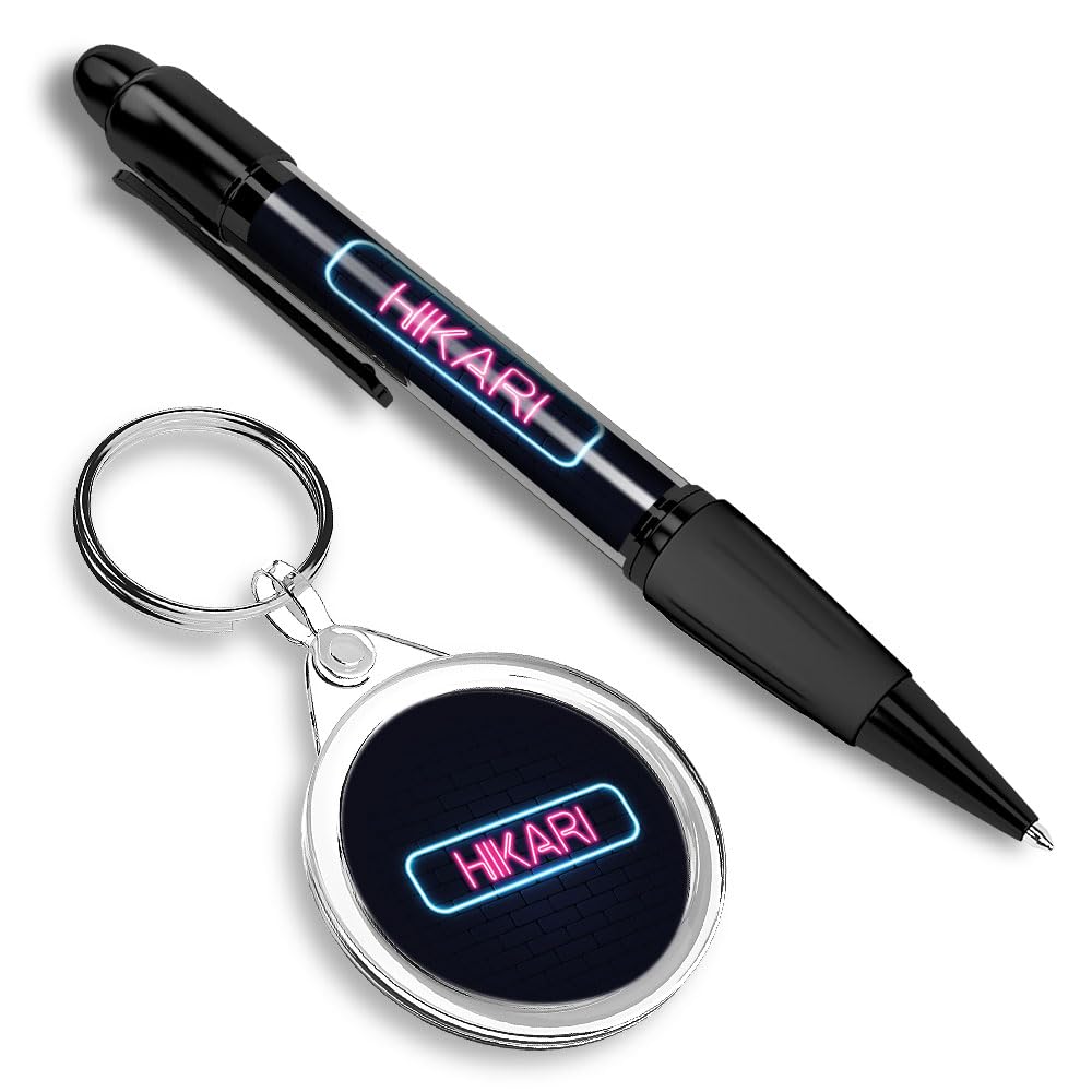 1 x Black Ink Ballpoint Pen & 1 Round Keyring Neon Sign Design Hikari City Japan Matching Set of Keychains for Your Keys and Black Pen #351540