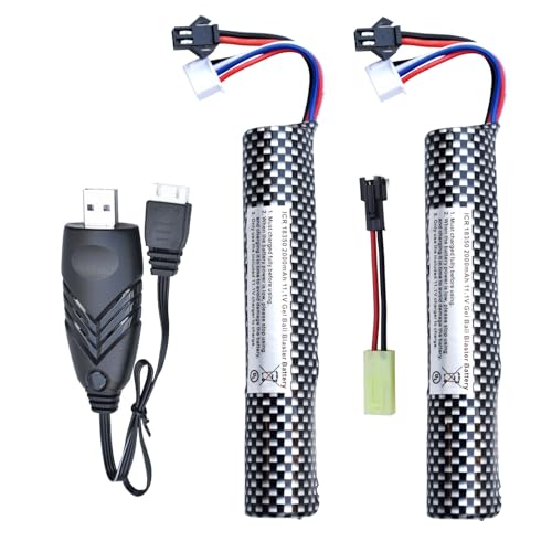 PTIJPOW Airsoft Gel Blaster Battery-11.1V 2000mAh Gel Blaster Battery with USB Charger Rechargeable Water Bead Splatter Ball Batteries with Mini Tamiya to SM2P Charger Cable (2Pack)