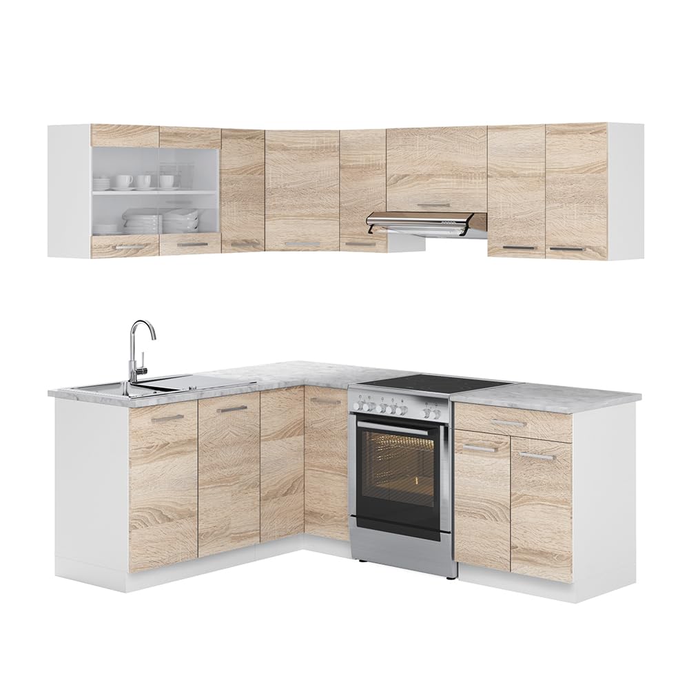 Vicco Cocina esquinera Rick, Sonoma/Blanco, 207 x 167 cm, ET Mármol, para disposición Flexible y ampliación Individual