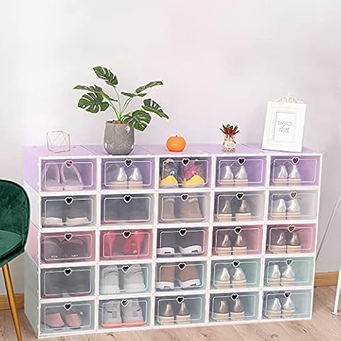 Fetcoi 20x shoe boxes stacking box storage box, stackable and foldable, transparent, made of plastic,Multiple colors (blue) Cover