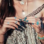 Finrezio Turquoise Jewelry Set for Women - Bohemian Western Necklace, Faux Leather Cuff Bracelet, Hoop Dangle Earrings, Joint Knuckle Rings