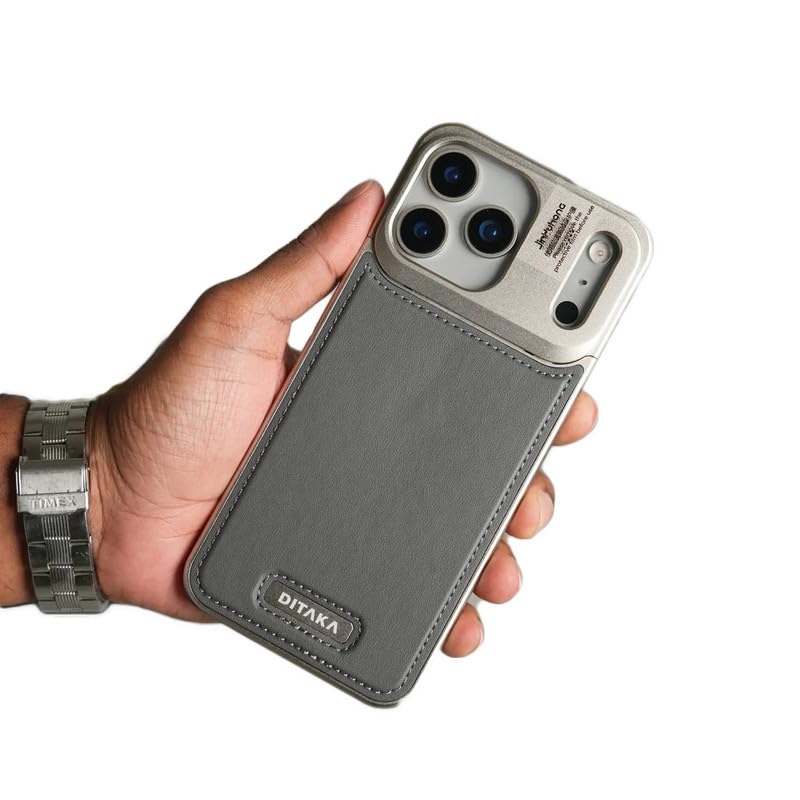 Image of Business Leather Phone Case Compatible with iPhone 17 Pro with Mag Charging | Aluminum Alloy Eco-Friendly Cloth Aroma Therapy Phone Case - Grey