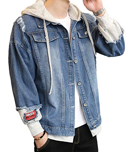 Itemnew Man's Fashion Hooded Ripped Denim Jacket Fake 2-Piece Patchwork Hoodie Coat2