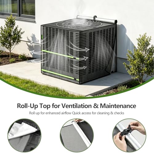 2 in 1 Full Mesh Air Conditioner Cover with Roll-Up Waterproof Top-Heavy Duty 420D Oxford, Breathable Outdoor AC Unit Defender for All Season, Anti-UV, Windproof, Easy Install, 32"W x 32"D x 36"H by RICHIE - Used condition - Image 4