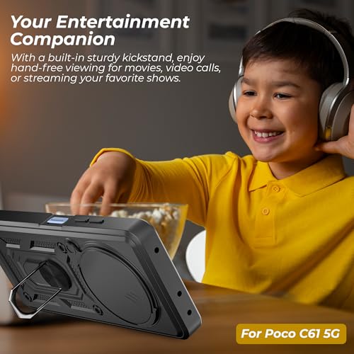 Image of A rtistque TPU+PC Armor Back Case Cover for Mi Redmi A3 5G /A3X 5G /Poco C61 5G|Stylish Ring Holder & Inbuilt Stand|Sliding Camera Cover|Protective|Mi Redmi A3 /A3X 5G /Poco C61 5G Cover-Black