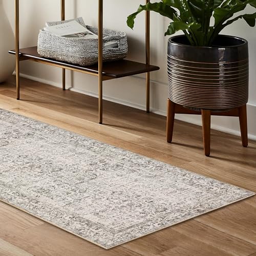 Gray Runner Rug 2x8 Hallway Machine Washable Kitchen Vintage Distressed Non Slip Long Carpet Indoor Grey Retro Floral Bedroom Accent Throw Rug for Bathroom Office Laundry Dining Living Room