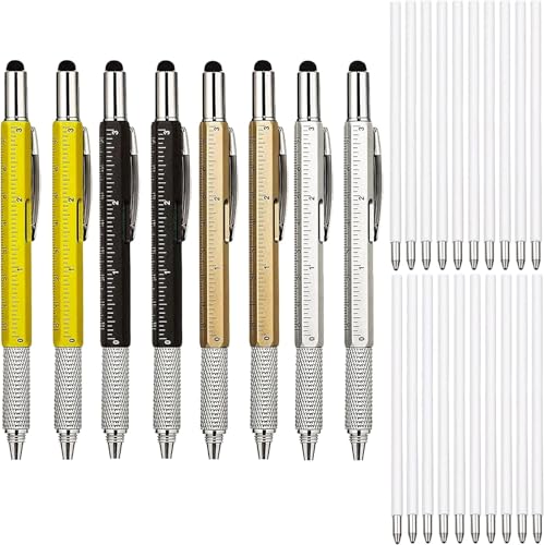 KEWAYO Multifunktionsstift 8 pack, 6 IN 1 Multifunktions Kugelschreiber mit Lineal, Wasserwaage, Stylus, Schraubendreher, Minen, kreative Geschenke für Männer (gelb, schwarz, gold, silber) (8)