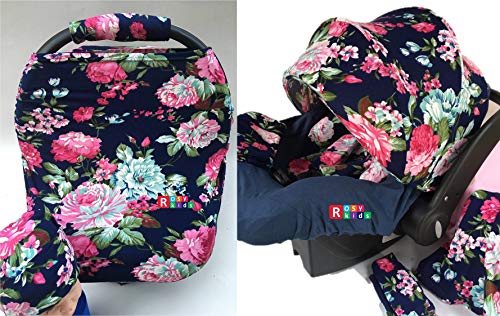 eddie bauer infant car seat cover - 9pc Baby Girl Ultimate Set of Infant Car Seat Cover Canopy Headrest Blanket Hat Nursing Scarf, 06JE02