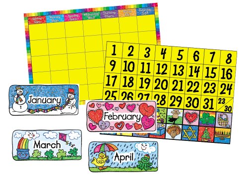 Carson Dellosa Kid Drawn Calendar Bulletin Board Set, Rainbow Monthly Calendar with Numbers, Holidays, and Seasonal Monthly Headers, Colorful Classroom Decor (62 pc)