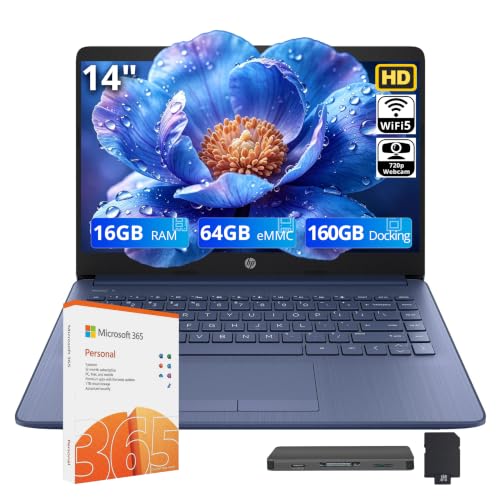 Image of HP Stream 14 inch HD Student & Business Laptop, Intel Celeron N4120, 16GB RAM, 224GB Storage (64GB eMMC + 160GB Docking Station), Intel UHD Graphics, 1 Year Office 365, Wi-Fi 5, Win 11, Royal Blue