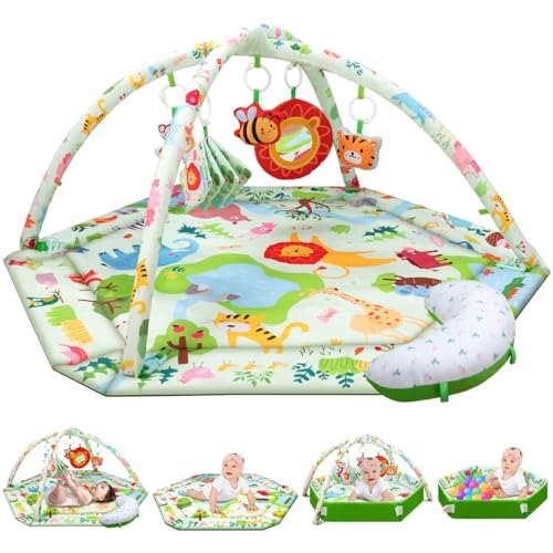 lulunemo Baby Play Mat,Tummy Time Mat with 6 Detachable Toys-Baby Play Gym for Visual,Auditory,Sensory and Motor Development-Washable Baby Activity Mat for 0-3-6-9-12 Month Infants-Animal