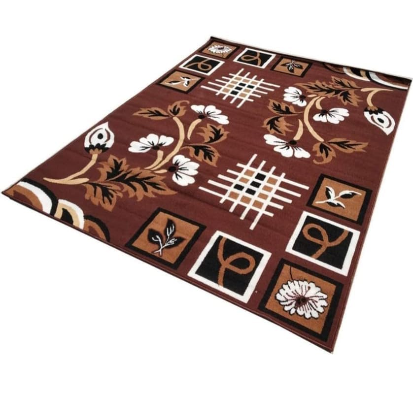 Image of Floral Design Acrylic Polyester Carpet for Living Room 6x8 Feet Color Brown(180x240Cm), Large Rectangle