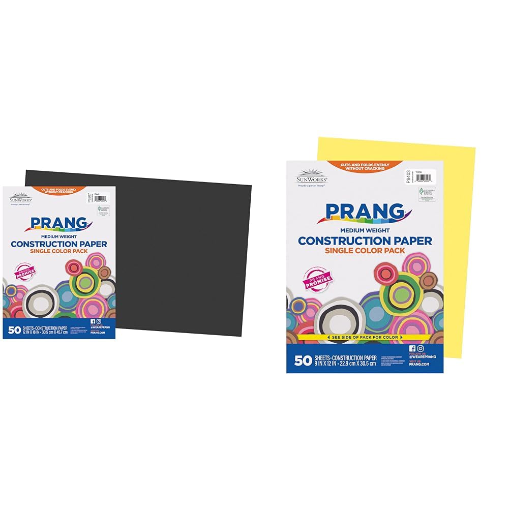 Prang (Formerly SunWorks) Construction Paper, Black, 12" x 18", 50 Sheets &amp; Prang (Formerly SunWorks) Construction Paper, Yellow, 9" x 12", 50 Sheets