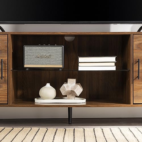 Walker Edison Saxon Mid Century Modern 2 Door Glass Shelf Tv Stand For Tvs Up To 80 Inches, 70 Inch, Dark Walnut #TOP7