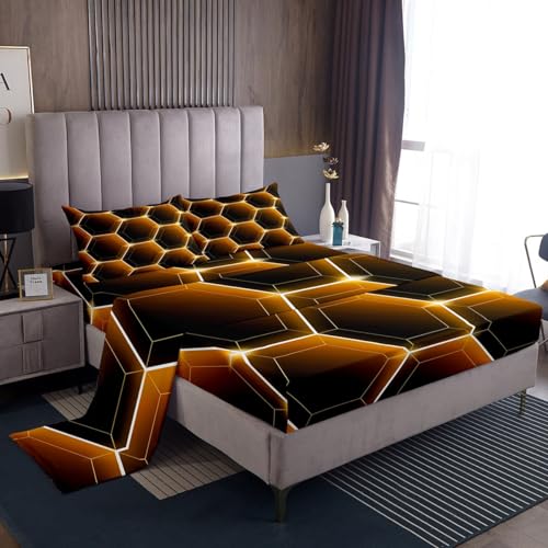 Honeycomb Bed Sheets Set Twin Size 3D Stereoscopic Black and Orange Hexagon Sheet Set Geometric Hexagonal Beehive Sheets Simplistic Geometrical Geometry Room Decor
