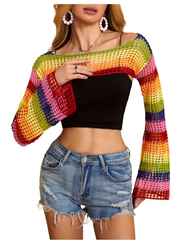 Image of MakeMeChic Women's Rainbow Striped Crochet Shrug Top Bell Sleeve Crop Tops Hollow Out Sweater