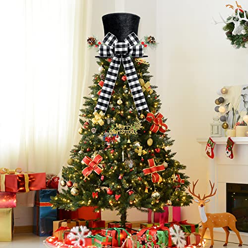 Yoochee Christmas Tree Topper Hat, Black Velvet Xmas Tree Toppers With Classical Buffalo Plaid Big Bow Tie And Lengthened Ribbon, Tree Topper For Christmas Holiday Party Home Decorations, Xmas Decor #TOP1