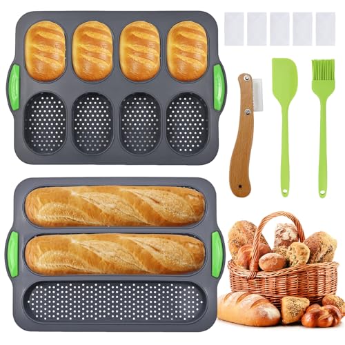 WPPQWP Silikon Baguette Backform & Brötchen Backform Set 2-teiliges Antihaft-Backblech inkl. Spachtel Pinsel & Bäckermesser