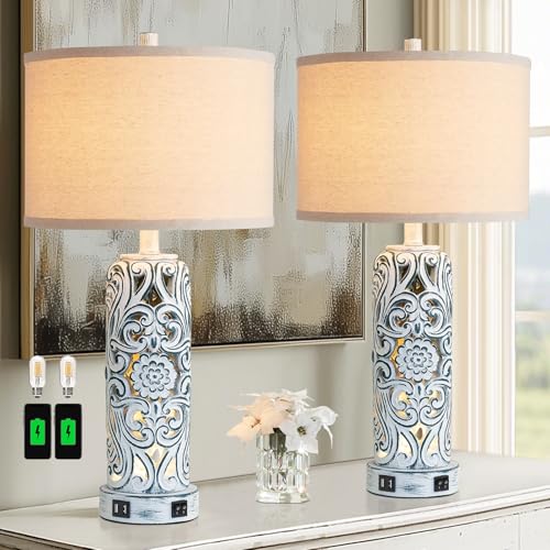 25'' Vintage Coastal Table Lamp Bedside Lamps Set of 2, Farmhouse Table Lamps with Dual USB Ports for Bedroom, Wash Blue Hollow Out Resin Lamp with Nightlight for End Table, 2 Bulbs Included