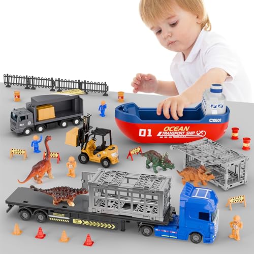Iplay, Ilearn 0830 Dinosaur Cargo Truck Toys For Kids 3-5, Toddler Trucks Playset W/Boat thumb #5
