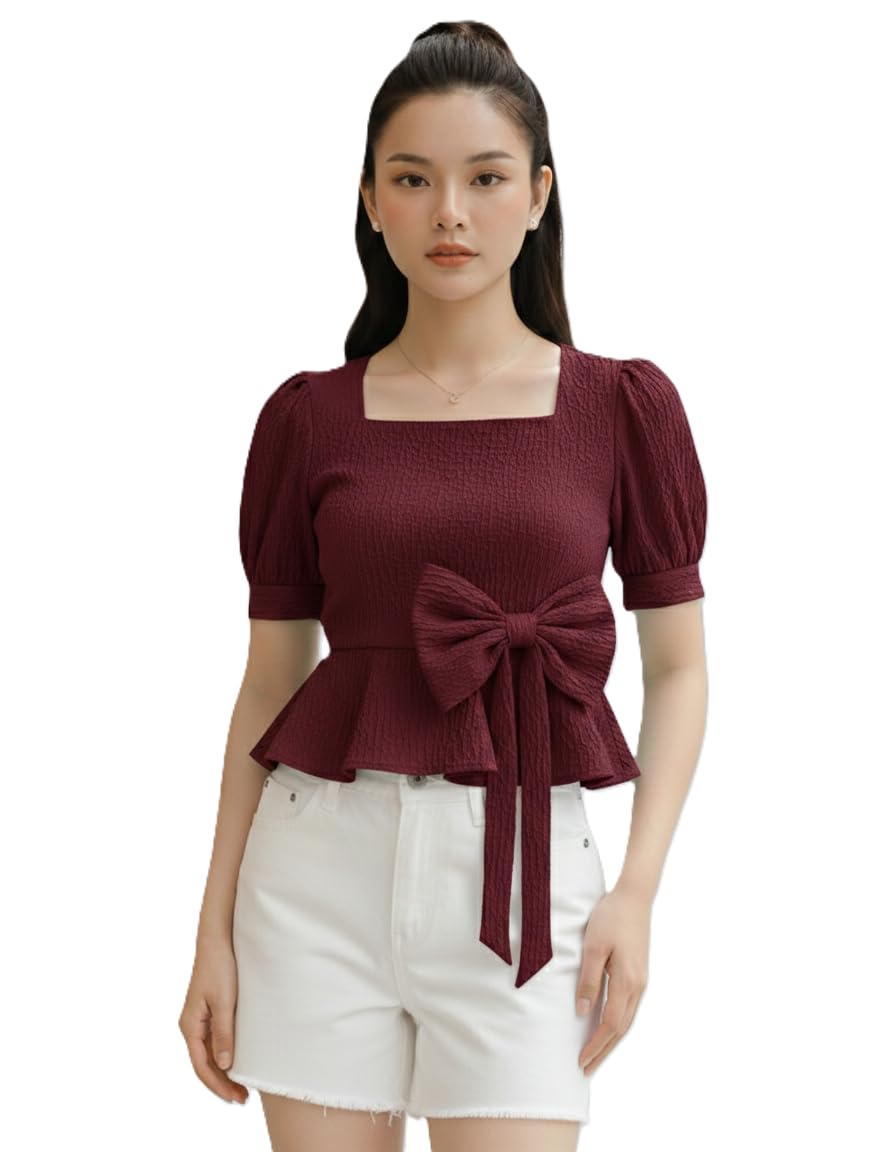 Women's Elegant Burgundy Textured Peplum Top with Statement Front Bow | Square Neck & Puff Sleeves | Stylish Blouse for Office, Party & Casual Outings-image-20