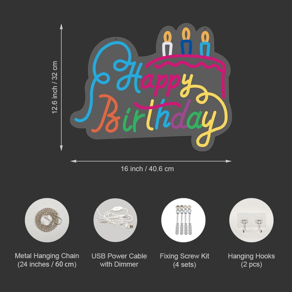 Happy Birthday Neon Sign, USB Powered LED Lights, Birthday Party Wall Decor with Cute Design, Easy to Install, for Kids Room, Celebration Decorations, Party Supplies, Table Backdrop Props (16"x12.6")