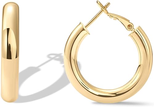 PAVOI 14K Gold Plated Sterling Silver Post Hoops Lightweight Chunky Hoops Huggies Thick Gold Hoop Earrings for Women