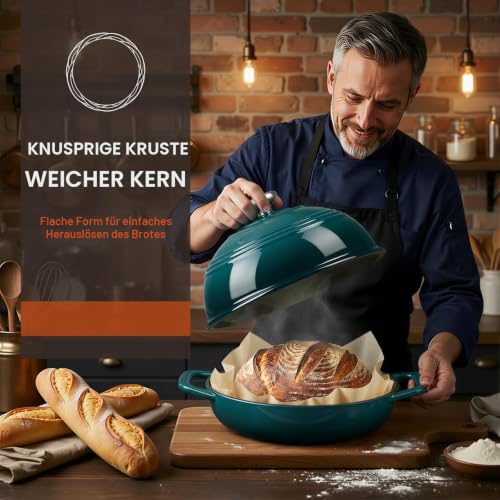 Overmont Gusseisen Topf Emaille Brotbacktopf - 5.7L Bräter Schmortopf mit Deckel und Kochbuch – für Küche Backen Schmoren Braten - Seeblau – Ansicht 7