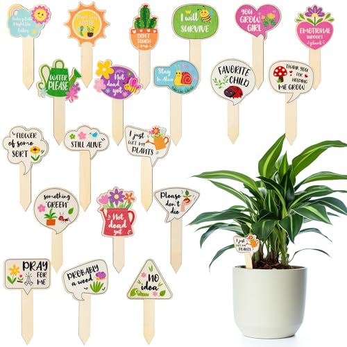 WATINC 20pcs Funny Wooden Plant Markers, Plant Sticks Labels Tags Name Stakes, Spring Wood Garden Signs for Flower Greenery Succulent Potted, Indoor Outdoor Plant Marker Gardening Gift for Plant Lover